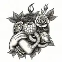 A modern interpretation of Eve's hands holding the forbidden fruit and snake, surrounded by intricate blackwork roses tattoo design idea