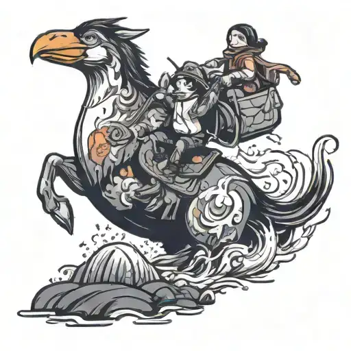 A radiactive peguin with a princess backpack riding a mutant horse in a river of lava tattoo design idea