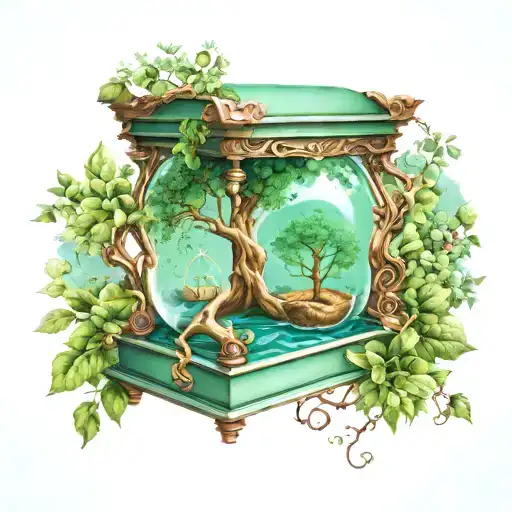 An hourglass with the tree of life on top pouring over a light green casket at the bottom tattoo design idea