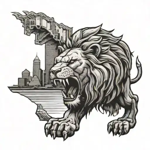 A Detroit skyline with a lion roaring in the foreground tattoo design idea