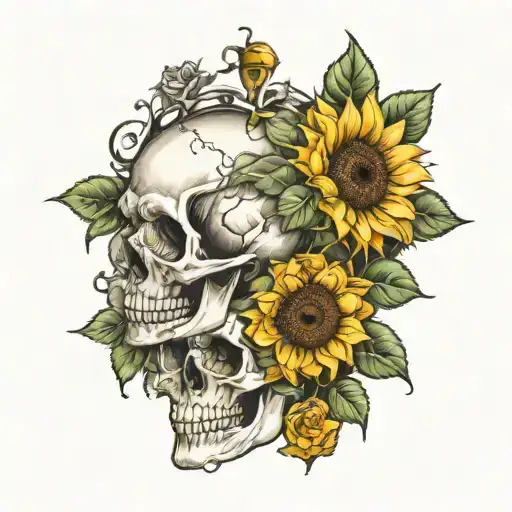sunflower and a rose growing out of a skull tattoo design idea