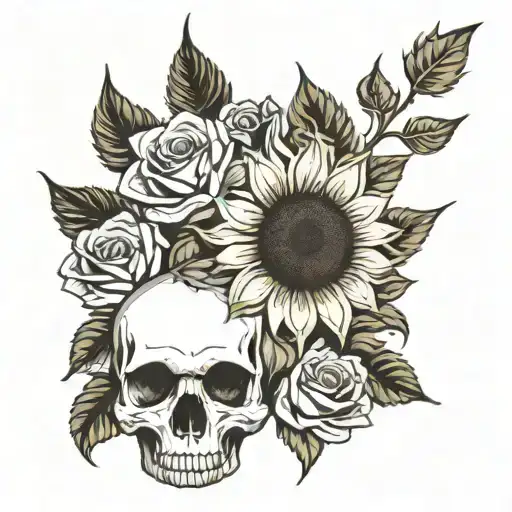 sunflower and rose growing out of a skull tattoo design idea