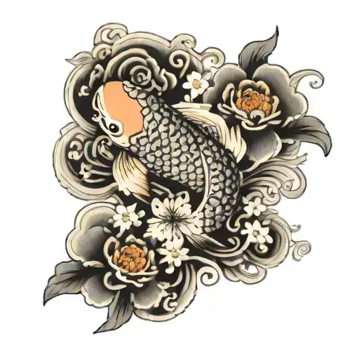 pez koi con olas y flores de cerezos  tattoo design idea