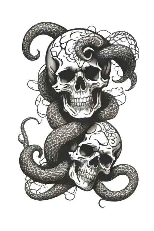 snakes wrapping around skulls surrounded tattoo design idea