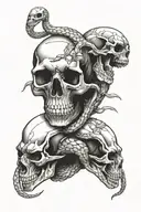 snakes wrapping around skulls surrounded tattoo design idea