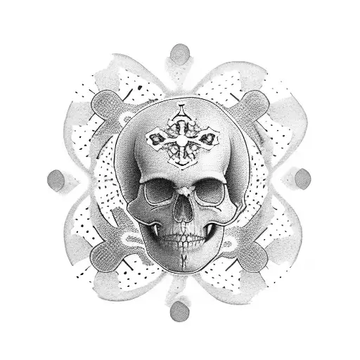 A dotwork tattoo of a vinyl record with the image of a skull and crossbones in the center tattoo design idea