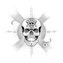 A dotwork tattoo of a vinyl record with the image of a skull and crossbones in the center tattoo design idea