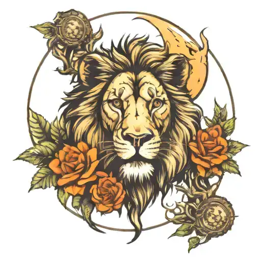 see no evil, speak no evil, hear no evil. lion in forest under the moon  tattoo design idea