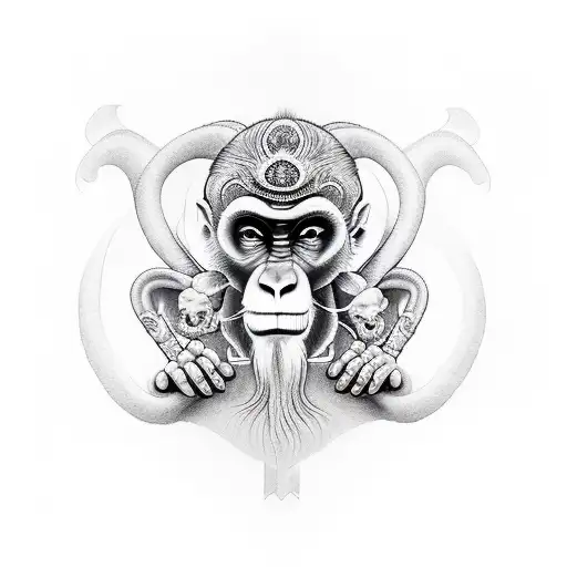 year of the monkey, monkey sitting cross legged, monk with staff and goat skull tattoo design idea