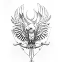 an eagle representing order fighting for an olive branch representing peace against an owl representing knowledge tattoo design idea