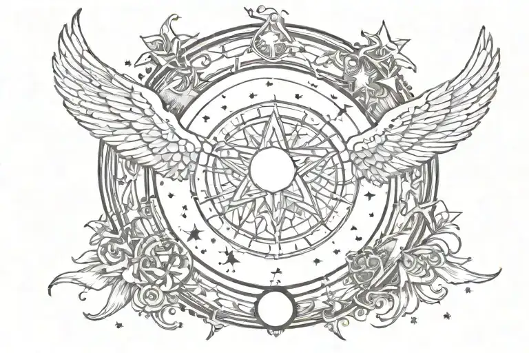 side crescent moon, angel wings on either side, in the center of the moon a star and quote through love, all is possible tattoo design idea