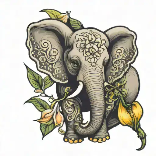 elephant holding a calla lily flower tattoo design idea