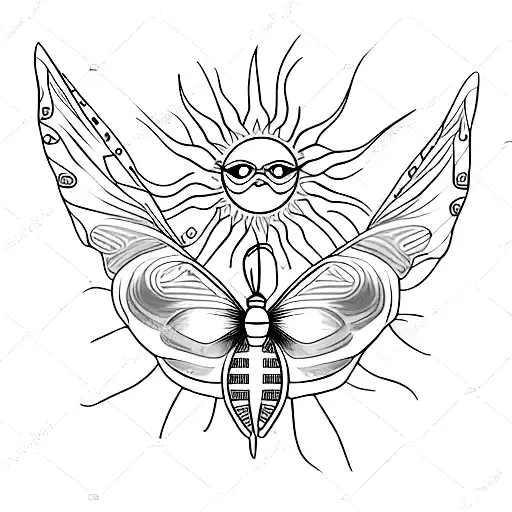 sun, butterfly, green rainbow  tattoo design idea