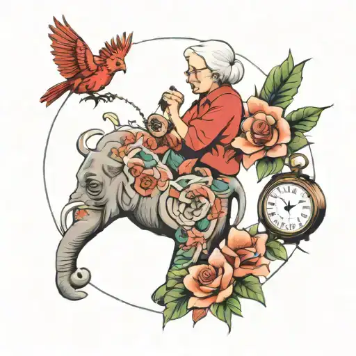 Old lady setting a clock with a cardinal bird, azalea flower, and elephant ear plant tattoo design idea