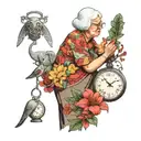 Old lady setting a clock with a cardinal bird, azalea flower, and elephant ear plant tattoo design idea