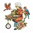 Old lady setting a clock with a cardinal bird, azalea flower, and elephant ear plant tattoo design idea