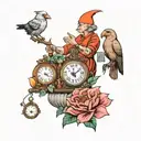 Old lady setting a clock with a cardinal bird, azalea flower, and elephant ear plant tattoo design idea