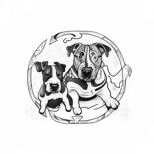  tatto with a Brindle and white bull terrier that can also represent traveling around the world on a van and by ocean on tattoo design idea