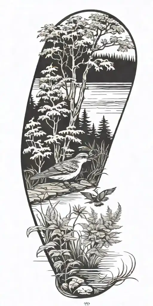 trees pines lake scene fantail fern plant tattoo design idea