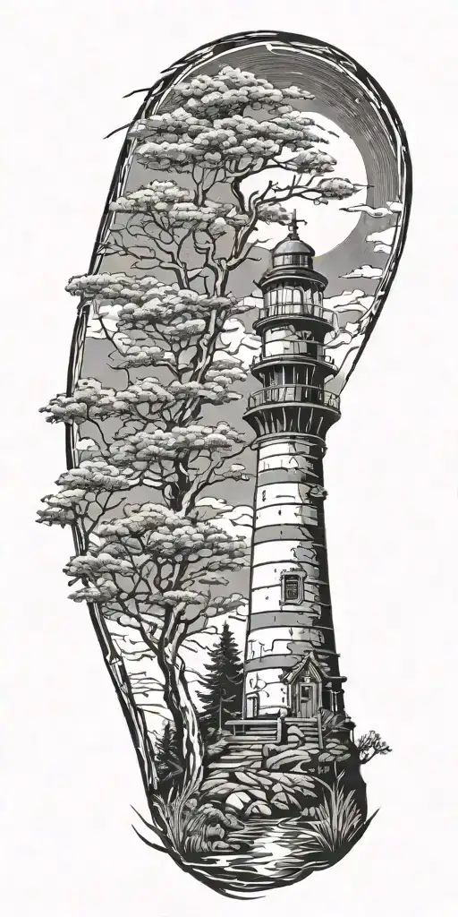 lighthouse trees cat playing  tattoo design idea