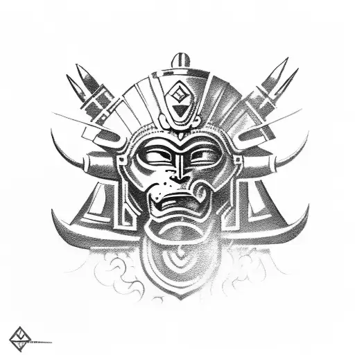 Create a stencil of a Mayan warrior in battle, wearing a jaguar helmet to symbolize strength and courage tattoo design idea