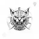 Create a stencil of a Mayan warrior in battle, wearing a jaguar helmet to symbolize strength and courage tattoo design idea