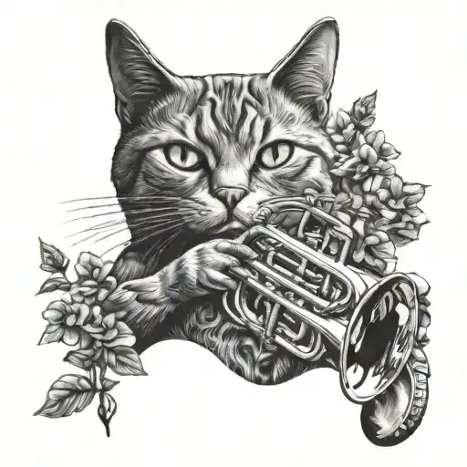 happy cat playing the trumpet in spring outdoor scene tattoo design idea