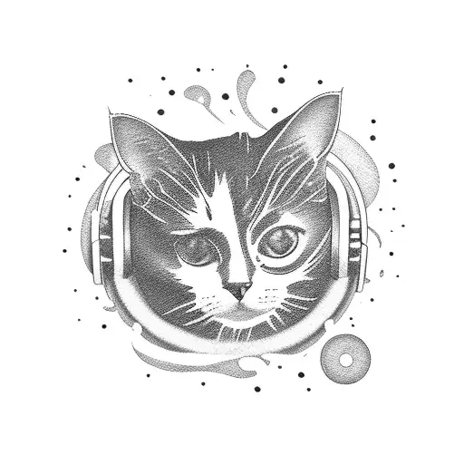 A cat DJ mixing records with ghostly musical waves in the background tattoo design idea