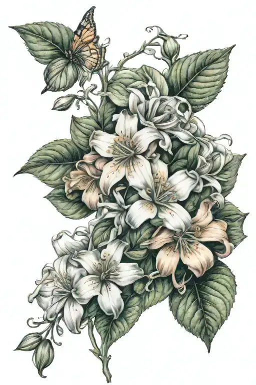 honeysuckle and primrose flowers intertwined with children's names  tattoo design idea