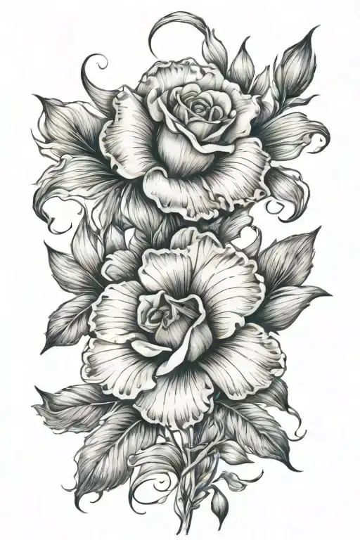 rose and iris flowers intertwined tattoo design idea