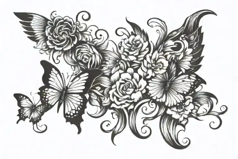 Phoenix, flowers and butterflies tattoo design idea