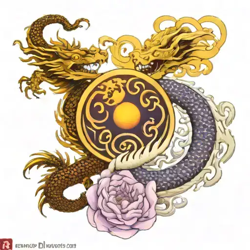 I want a yin yang tattoo design that has two dragons on each side with a purple mushroom in the dragon's arms. tattoo design idea