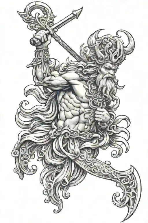 Poseidon upper body with trident that ties into polynesian fish hook  tattoo design idea