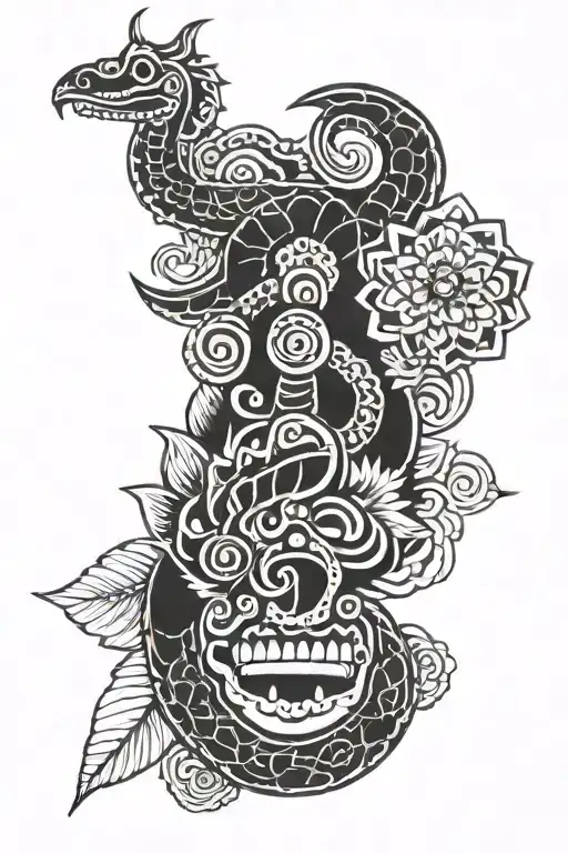 aztec serpent  head  flowers tattoo design idea