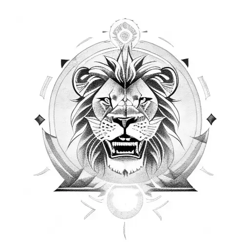 A fierce lion roaring with a cross sun rays around the cross above its head, surrounded by clouds tattoo design idea