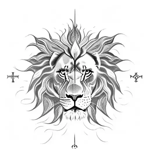 A fierce lion roaring with a Christian cross sun rays around the cross above its head, surrounded by clouds tattoo design idea