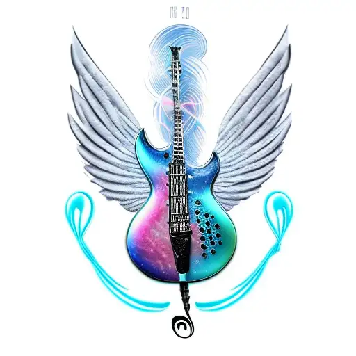 Treble clef shaped electric guitar with wings tattoo design idea