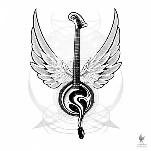Treble clef shaped electric guitar with wings tattoo design idea