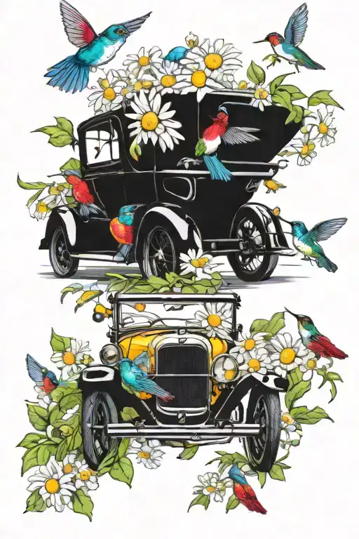   Hummingbirds and Model-T car and daisies and gardening and welding and cooking and painting tattoo design idea