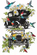   Hummingbirds and Model-T car and daisies and gardening and welding and cooking and painting tattoo design idea