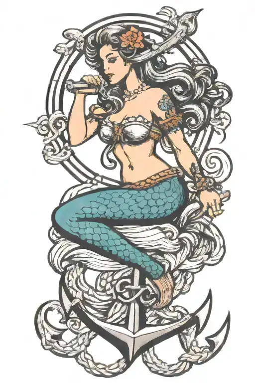 mermaid sitting on an anchor intertwined tattoo design idea