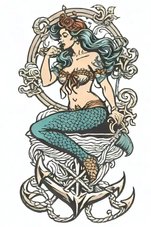 mermaid sitting on an anchor intertwined tattoo design idea