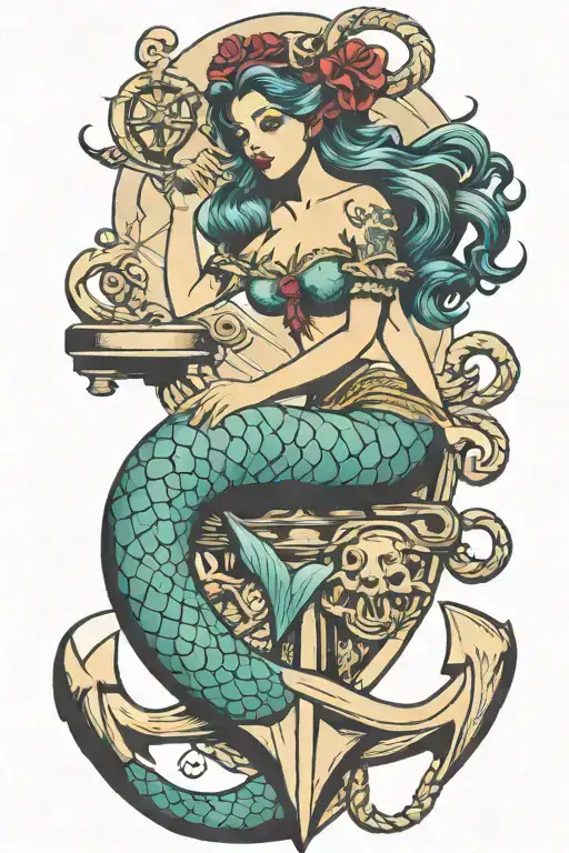 mermaid sitting on an anchor   tattoo design idea