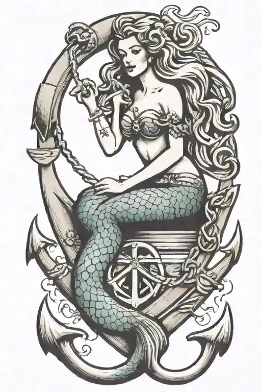 mermaid sitting on an anchor   tattoo design idea