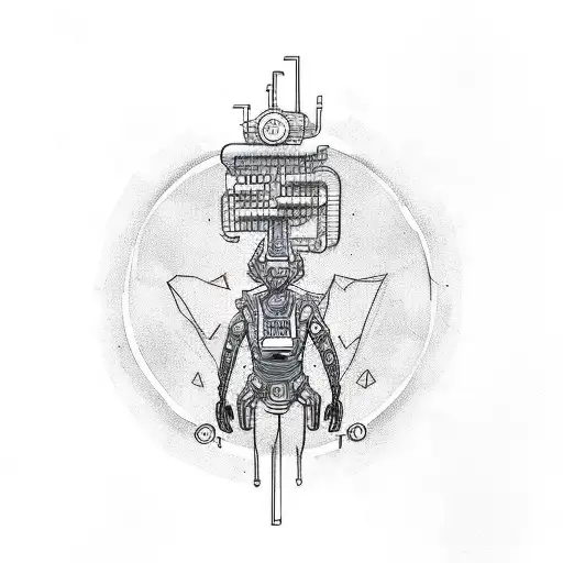 A grotesque sketch-style tattoo of an engineer wearing a techno-inspired exoskeleton, surrounded by underground machinery tattoo design idea