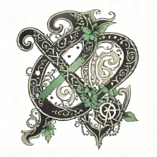 Incorporate Roman numerals '2904' into a design featuring various lucky symbols like a horseshoe, four-leaf clovers, an elephant, and an evil eye tattoo design idea