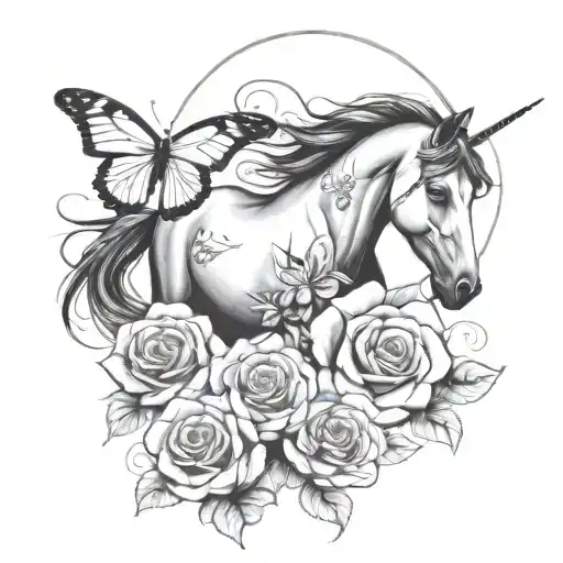 Mustang, Rose, Butterflies around it tattoo design idea