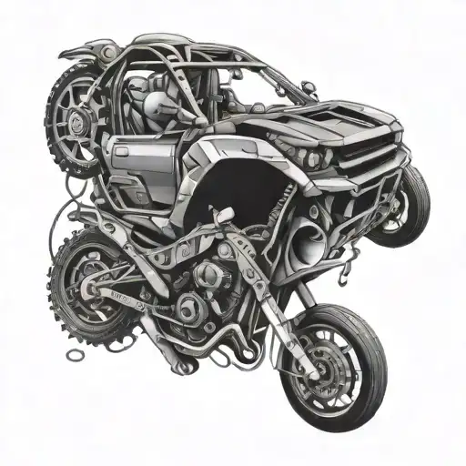 Design a collage of different car parts interwoven with motocross elements, reflecting your diverse interests and skills tattoo design idea