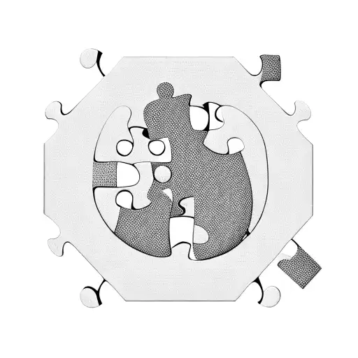 A puzzle piece with geometric shapes forming cute animals in a blackwork style tattoo design idea