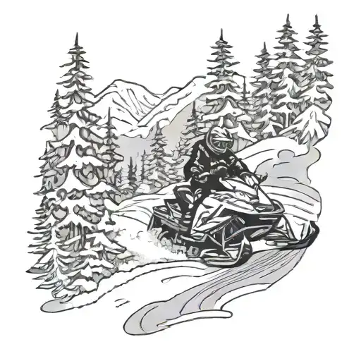 A black-grey tattoo of a snowmobiler navigating through a dense forest with mountains looming overhead tattoo design idea